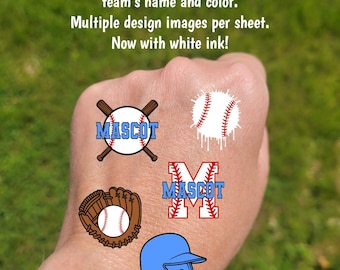 Custom Temporary Tattoos for baseball softball tee ball games - custom face tattoos with ball, bats, helmet, glove, drip effect, team name