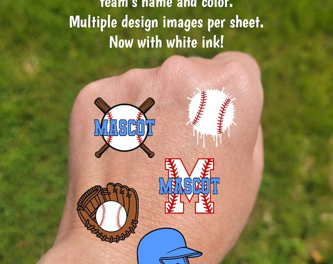 Custom Temporary Tattoos for baseball softball tee ball games - custom face tattoos with ball, bats, helmet, glove, drip effect, team name