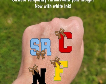 Custom Temporary Tattoos for football games - cheerleader tattoos with coquette bow and custom text, Team Spirit, team mascot, school colors