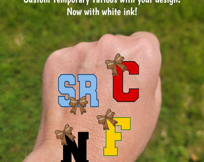 Custom Temporary Tattoos for football games - cheerleader tattoos with coquette bow and custom text, Team Spirit, team mascot, school colors