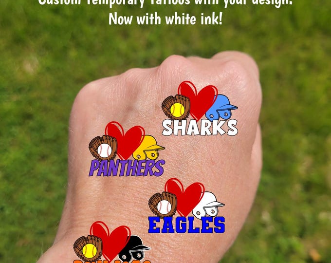 Custom Temporary Tattoos for baseball or softball - ball heart batting helmet and custom text, Team Spirit, School colors, tournament swag