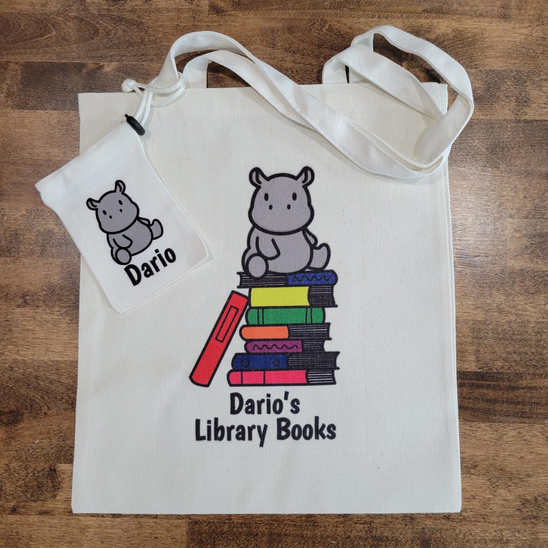 Hippo Themed My First Library Tote Bag and Library Card Pouch, Young ...