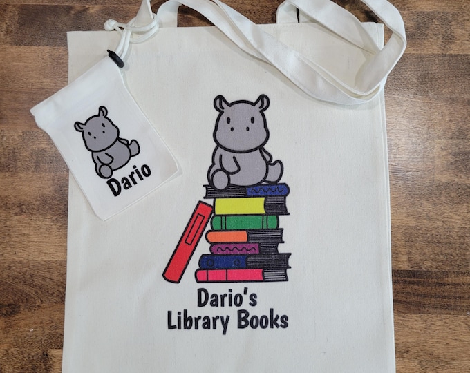 Hippo themed My First Library Tote Bag and Library Card Pouch, young bookworm birthday gift, bookish gift for child, animals with books