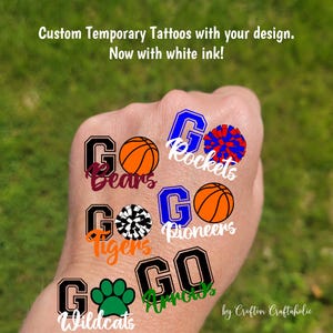 Custom Temporary Tattoos for basketball games - GO Team, cheerleader tattoos with pom pom, Team Spirit, School colors, High school, mascot