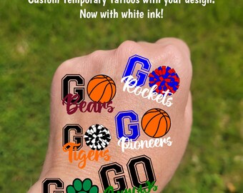 Custom Temporary Tattoos for basketball games - GO Team, cheerleader tattoos with pom pom, Team Spirit, School colors, High school, mascot