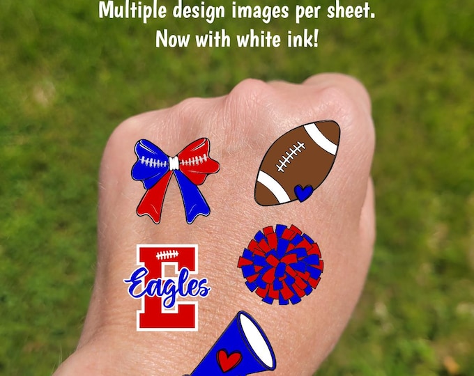 Custom Red, White, and Blue Temporary Tattoos for USA themed football games - cheerleader tattoos coquette bow pom pom football megaphone