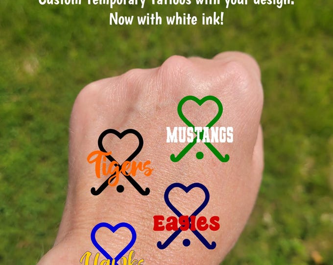 Custom Temporary Tattoos for Field Hockey Teams - crossed field hockey sticks with heart, Team Spirit, School Spirit, Birthday Party Favors