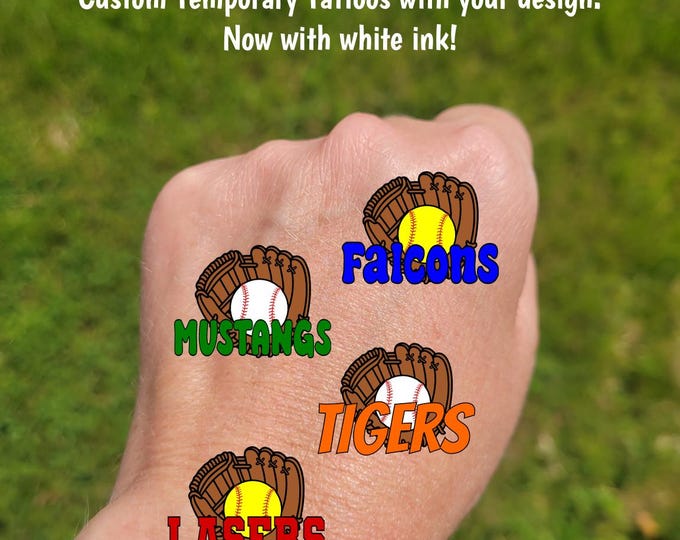Custom Temporary Tattoos for baseball or softball - softball or baseball with glove and custom text, Team Spirit, School colors, tournament