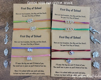 First Day of School charm bracelet, apple, book, string charm bracelet or anklet, back to school, preschool, kindergarten, mommy and me gift