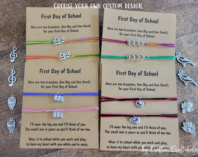 First Day of School charm bracelet, apple, book, string charm bracelet or anklet, back to school, preschool, kindergarten, mommy and me gift