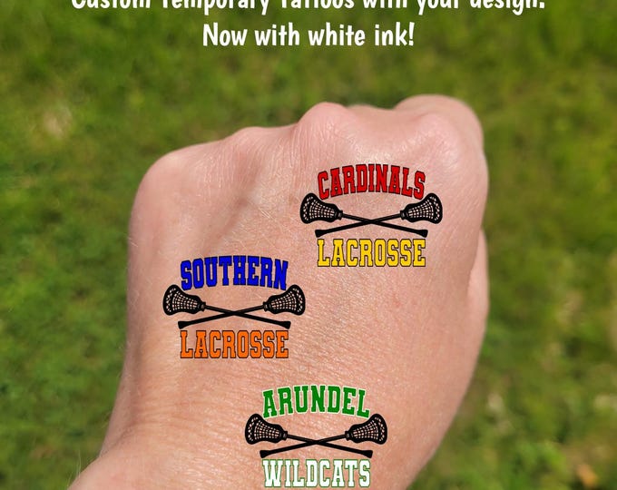 Custom Temporary Tattoos for Lacrosse Teams - Crossed lax sticks, Team Spirit, School Colors, High school lacrosse, travel team tournament