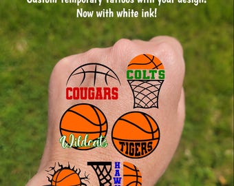 Custom Temporary Tattoos for basketball games - tattoos with basketball and net, Team Spirit, School colors, High school basketball team