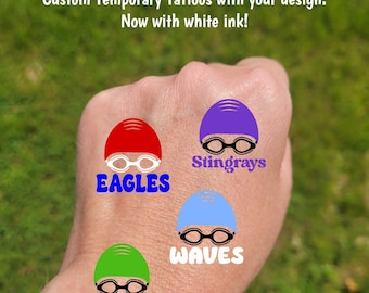 Custom Temporary Tattoos for Swim Teams - Swim cap and goggles, Team Spirit, School colors mascot, High school swim team, swim club swag