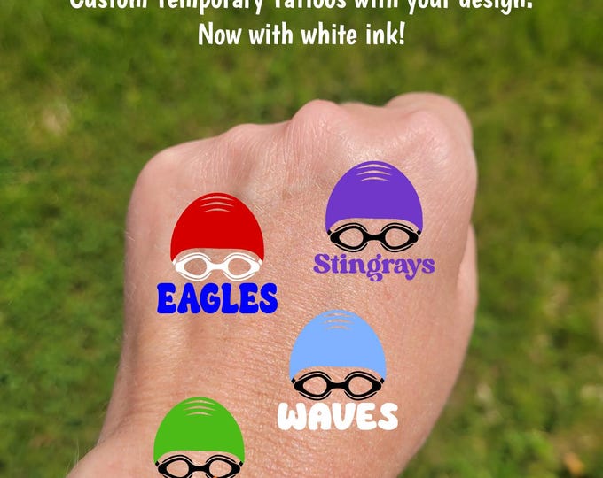 Custom Temporary Tattoos for Swim Teams - Swim cap and goggles, Team Spirit, School colors mascot, High school swim team, swim club swag