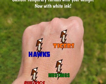 Custom Temporary Tattoos for football games - cheerleader tattoos, football bow, football lightening, Team Spirit, School colors, cheer team