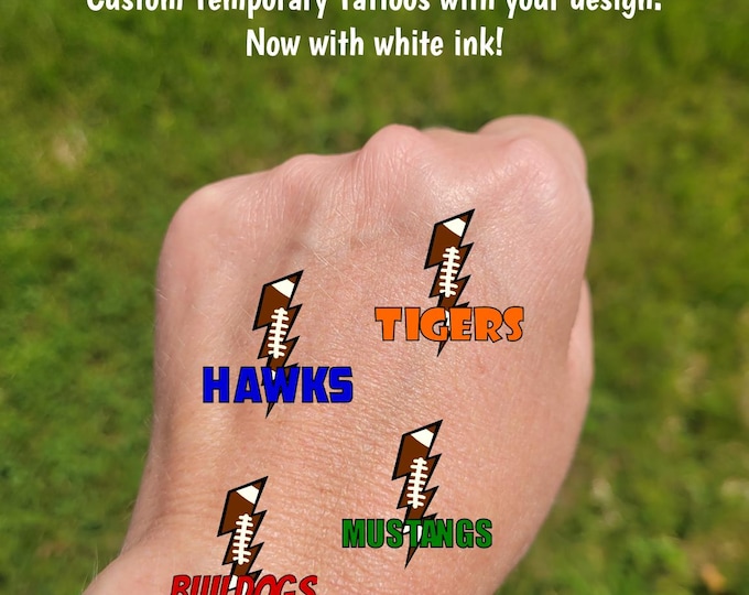 Custom Temporary Tattoos for football games - cheerleader tattoos, football bow, football lightening, Team Spirit, School colors, cheer team
