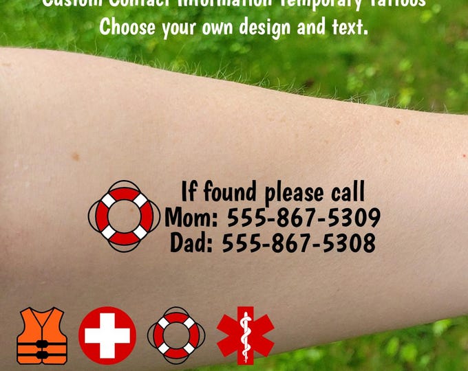 Custom Temporary Emergency Contact / Medical Alert Tattoos - Name / Phone Number tattoos for food allergies, diabetes, cruise vacation beach