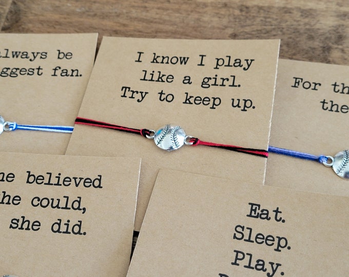Softball String bracelet and gift card - adjustable charm bracelet or anklet, tee ball team gift, gift for baseball fan, softball coach gift