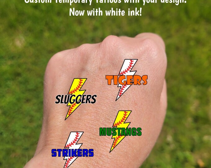 Custom Temporary Tattoos for baseball or softball - softball or baseball lightning bolt custom text, Team Spirit, tournament gift bag