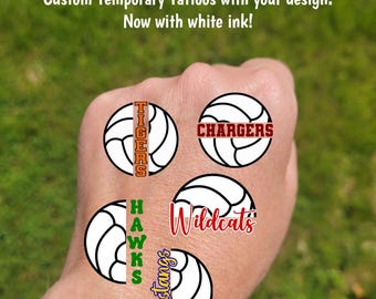 Custom Temporary Tattoos for volleyball games - split volleyball with custom text and colors, Team Spirit, School colors, mascot, team gift