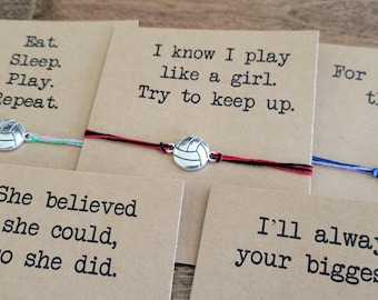 Volleyball String bracelet and gift card - adjustable charm bracelet or anklet, team gift, gift for volleyball player, volleyball coach gift