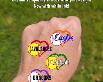 Custom Temporary Tattoos for baseball or softball - heart with softball or baseball and custom text, Team Spirit, School colors, tournament