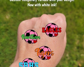 Custom Breast Cancer Awareness Temporary Tattoos for soccer - heart with pink soccer ball and custom text, Team Spirit, School colors