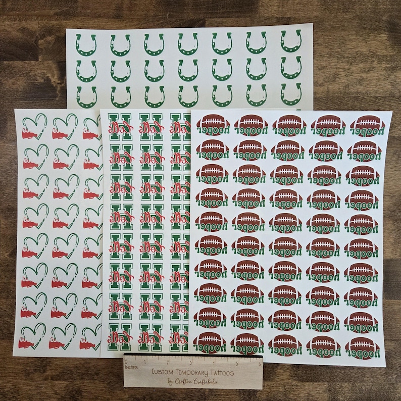 Custom Temporary Tattoos for football games - cheerleader tattoos with pom pom, football with heart, Team Spirit, School colors, High school image 15