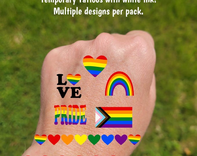 Temporary Tattoos for Pride parades and events - Gay pride temporary tattoos, LGBTQ+ Ally, Rainbow Flag hearts, Progress Pride Flag