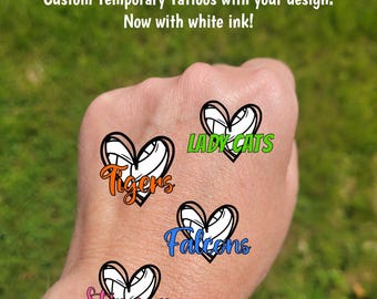 Custom Temporary Tattoos for volleyball games - sketch heart volleyball and custom text, Team Spirit, School colors, mascot, team gift