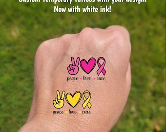 Custom Temporary Tattoos for cancer awareness - cheerleader tattoo with peace love cure, breast cancer awareness, pink ribbon, yellow ribbon