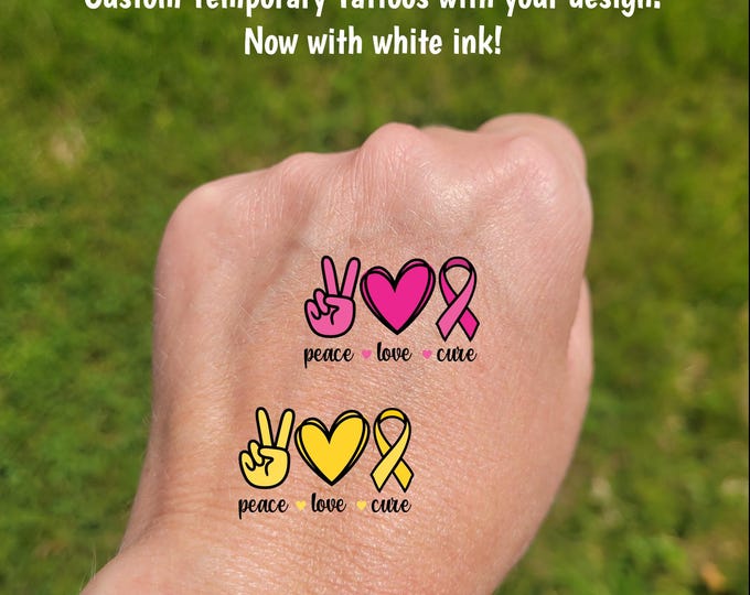 Custom Temporary Tattoos for cancer awareness - cheerleader tattoo with peace love cure, breast cancer awareness, pink ribbon, yellow ribbon