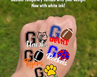 Custom Temporary Tattoos for football games - GO Team, cheerleader tattoos with pom pom or football, Team Spirit, School colors, High school