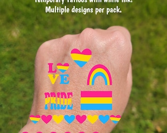 Temporary Tattoos for Pride parades and events - Pansexual pride temporary tattoos, LGBTQ+ Ally, Pansexual Flag hearts and rainbows, love