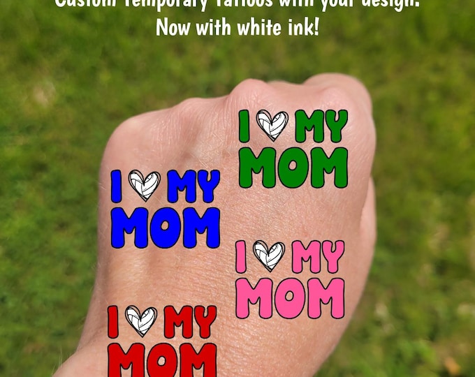 Custom Temporary Tattoos for Mother's Day - volleyball heart with MOM, I love my Mom, Team colors, travel team tournament, volleyball mom
