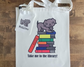 Puppy themed My First Library Tote Bag and Library Card Pouch, young bookworm birthday gift, bookish gift for child, animals with books