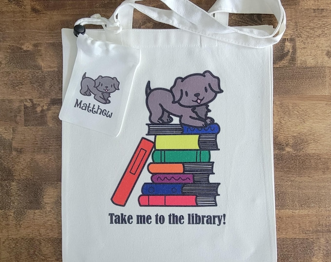 Puppy themed My First Library Tote Bag and Library Card Pouch, young bookworm birthday gift, bookish gift for child, animals with books
