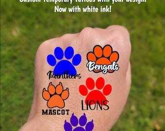 Custom Paw Print Temporary Tattoos - cheerleader tattoos for football games, tigers, panthers, bulldogs, wildcats, lions, cougars, mascot