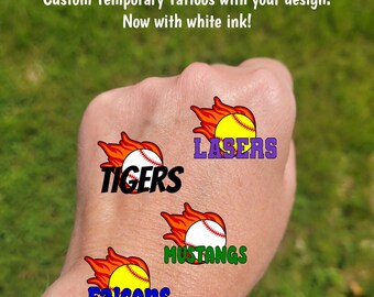 Custom Temporary Tattoos for Softball / Baseball / Tee ball - ball with flame and custom text, Team Spirit, travel team tournament