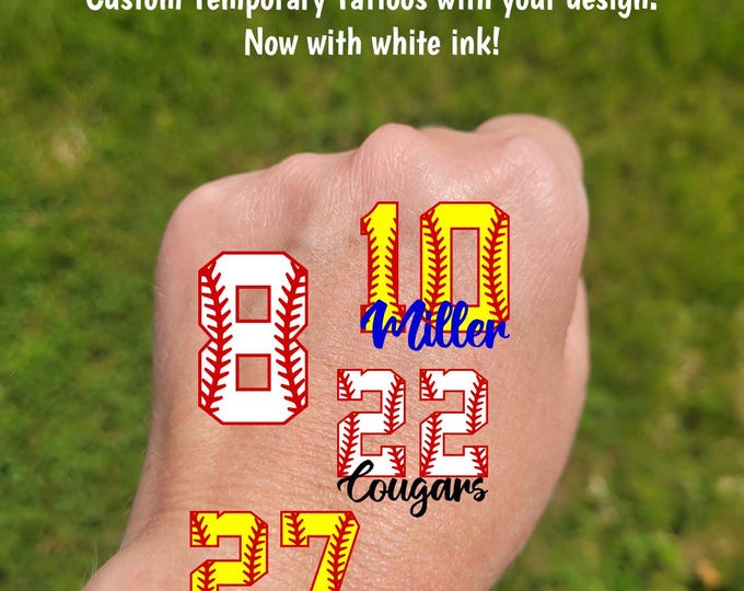 Custom Temporary Tattoos for baseball or softball - softball or baseball numbers, Team Spirit, School colors, baseball mom dad, mascot