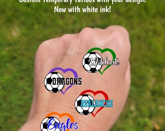 Custom Temporary Tattoos for soccer - heart with soccer ball and custom text, football fan, Team Spirit, School colors, travel soccer gift