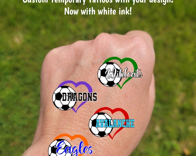 Custom Temporary Tattoos for soccer - heart with soccer ball and custom text, football fan, Team Spirit, School colors, futsal team gift
