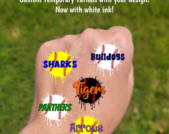 Custom Temporary Tattoos for Softball / Baseball / Tee ball - ball with drip effect and custom text, Team Spirit, travel team tournament