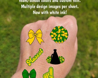 Custom Temporary Tattoos for football games - cheerleader tattoos with pom pom, football with heart, Team Spirit, School colors, High school