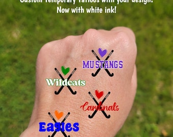 Custom Temporary Tattoos for Field Hockey Teams - Team Spirit, School Spirit, crossed sticks with heart, High school field hockey tournament