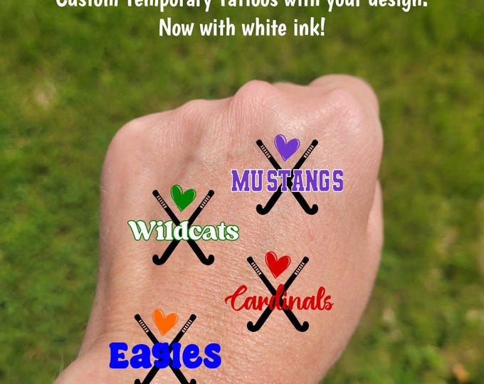 Custom Temporary Tattoos for Field Hockey Teams - Team Spirit, School Spirit, crossed sticks with heart, High school field hockey tournament