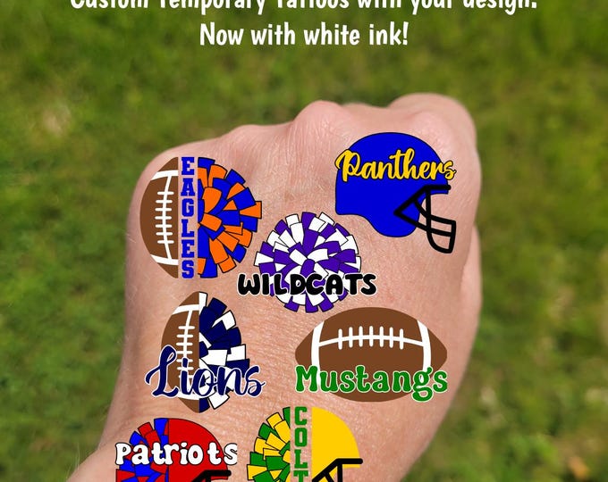 Custom Temporary Tattoos for football games - cheerleader tattoos with pom pom, football with heart, Team Spirit, School colors, High school