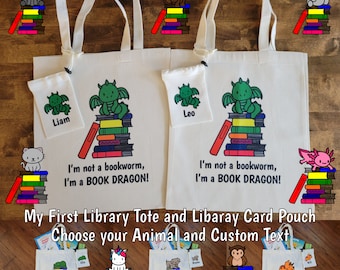 My First Library Tote Bag and Library Card Pouch, young bookworm birthday gift, bookish gift for child, animals with books, summer reading