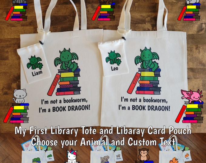 My First Library Tote Bag and Library Card Pouch, young bookworm birthday gift, bookish gift for child, animals with books, summer reading