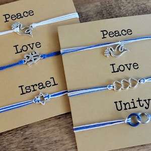 Peace Love Unity String bracelet set - 3 adjustable bracelets, friendship bracelets, jewelry to show support of Israel, dove, Unity rings